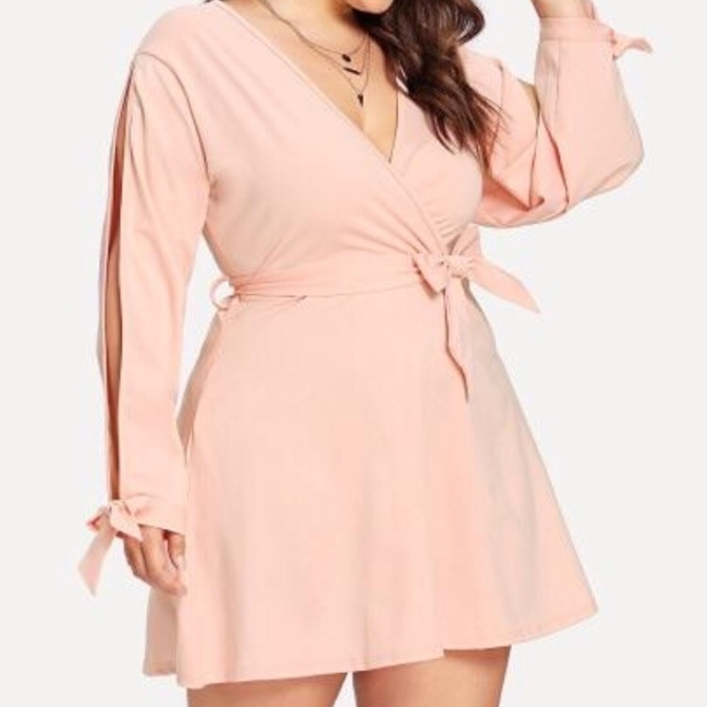 Plus Size Split Tied Sleeve Surplice Wrap Dress